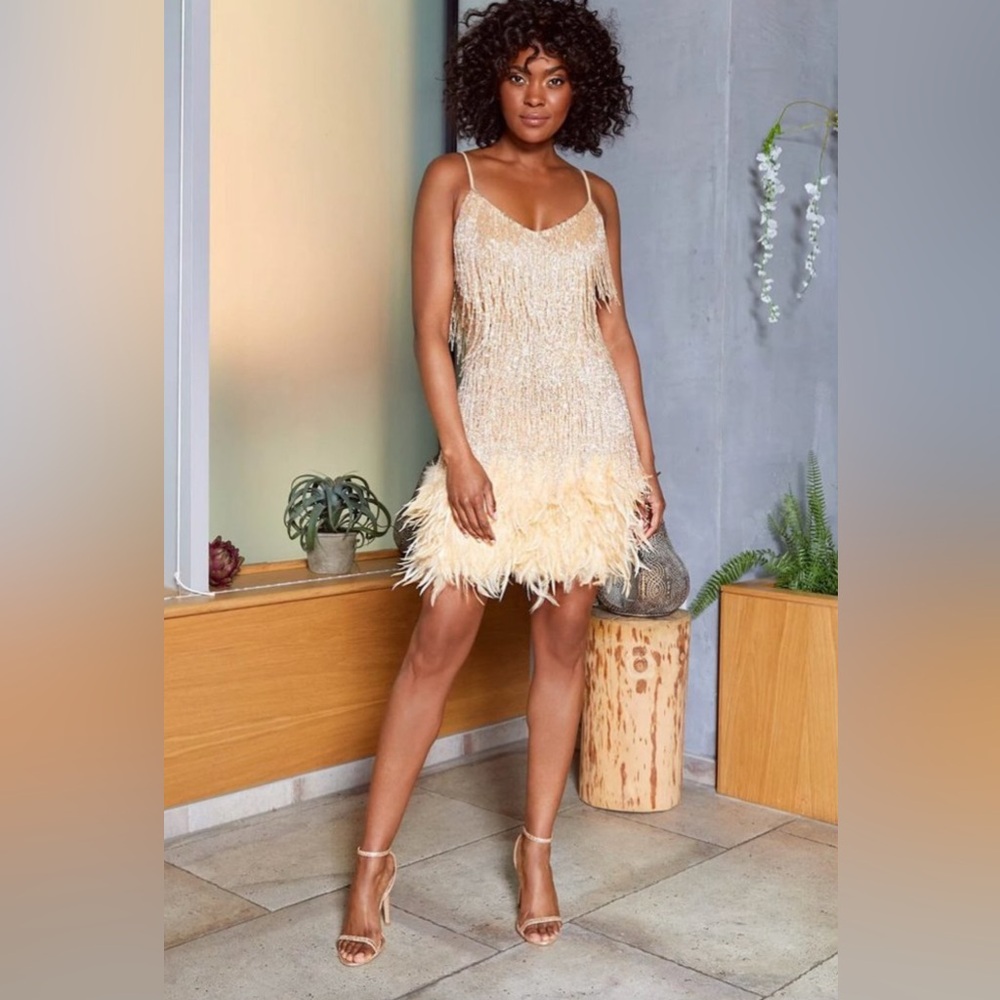 NADINE MERABI LOTTIE Champagne Mini Dress sequins feather